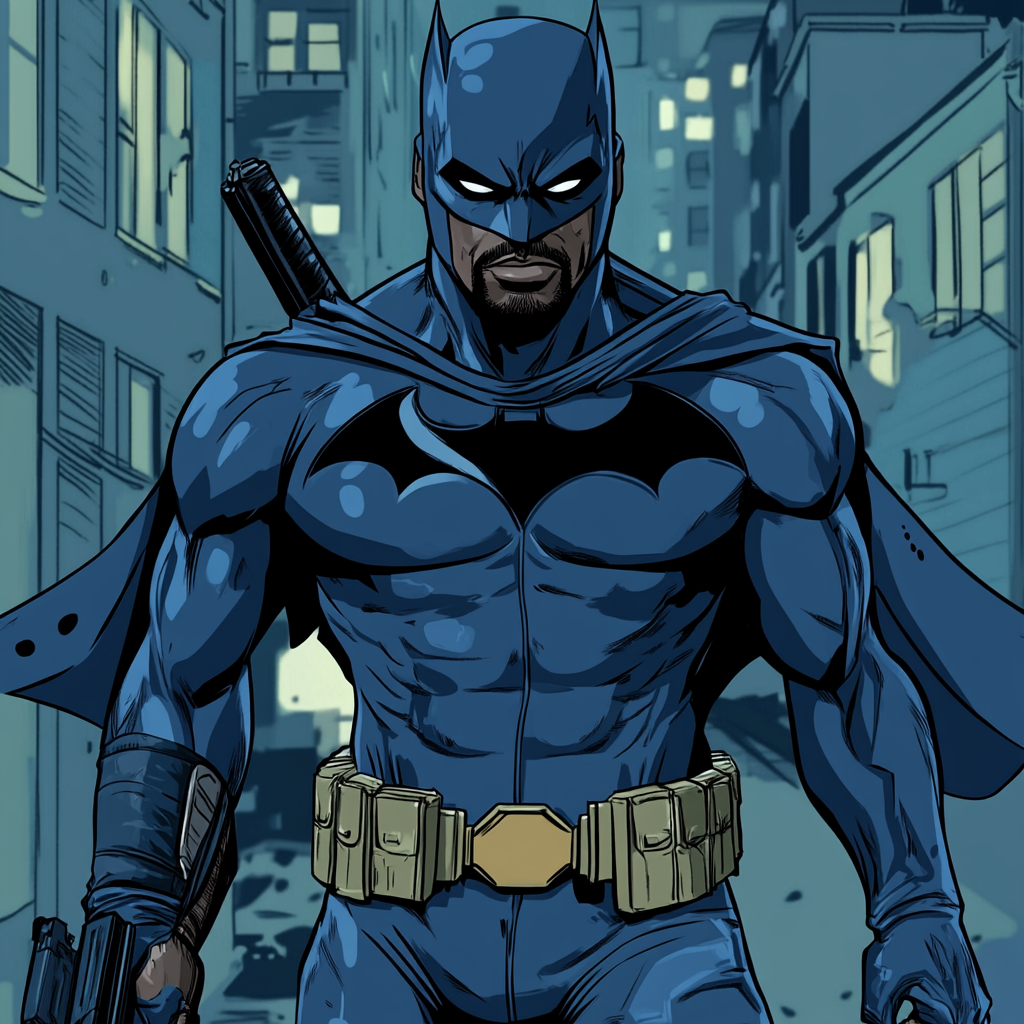 Black Man Superhero Character with Weapons, 2D Drawing 