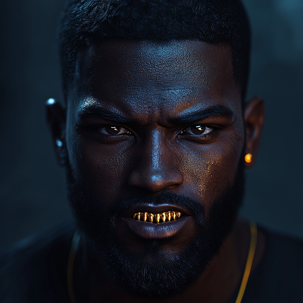 Black Man with Beard, Gold Grill, Mafia Style