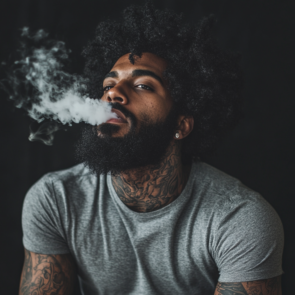 Black Man with Tattoos and Smoke in Gray T-shirt 