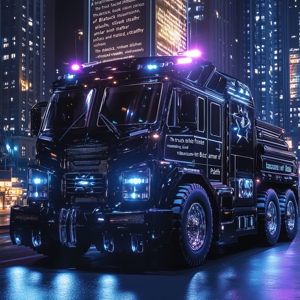 Black Panther themed fire truck glows with purple hues.