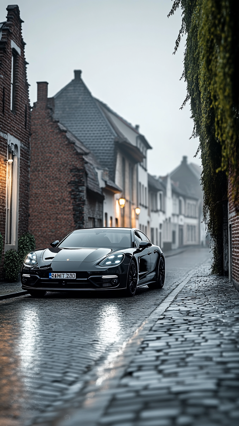 Black Porsche Panamera gliding through quaint town streets.