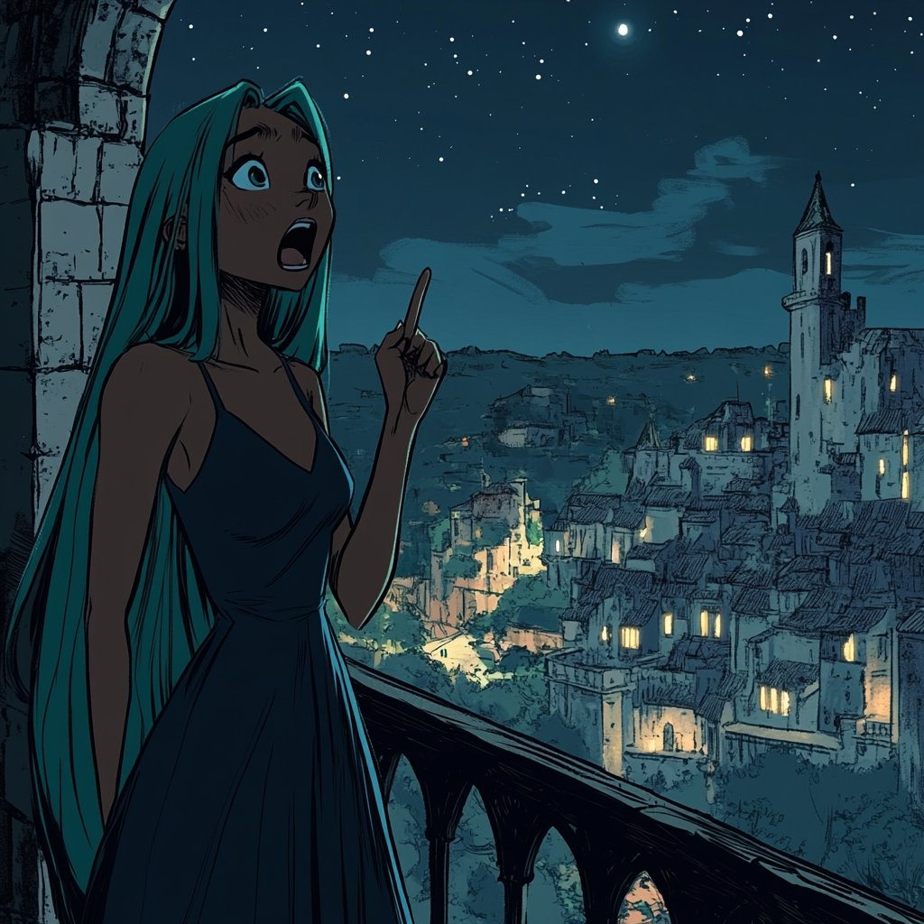 Black Princess in Blue Gown on Castle Balcony