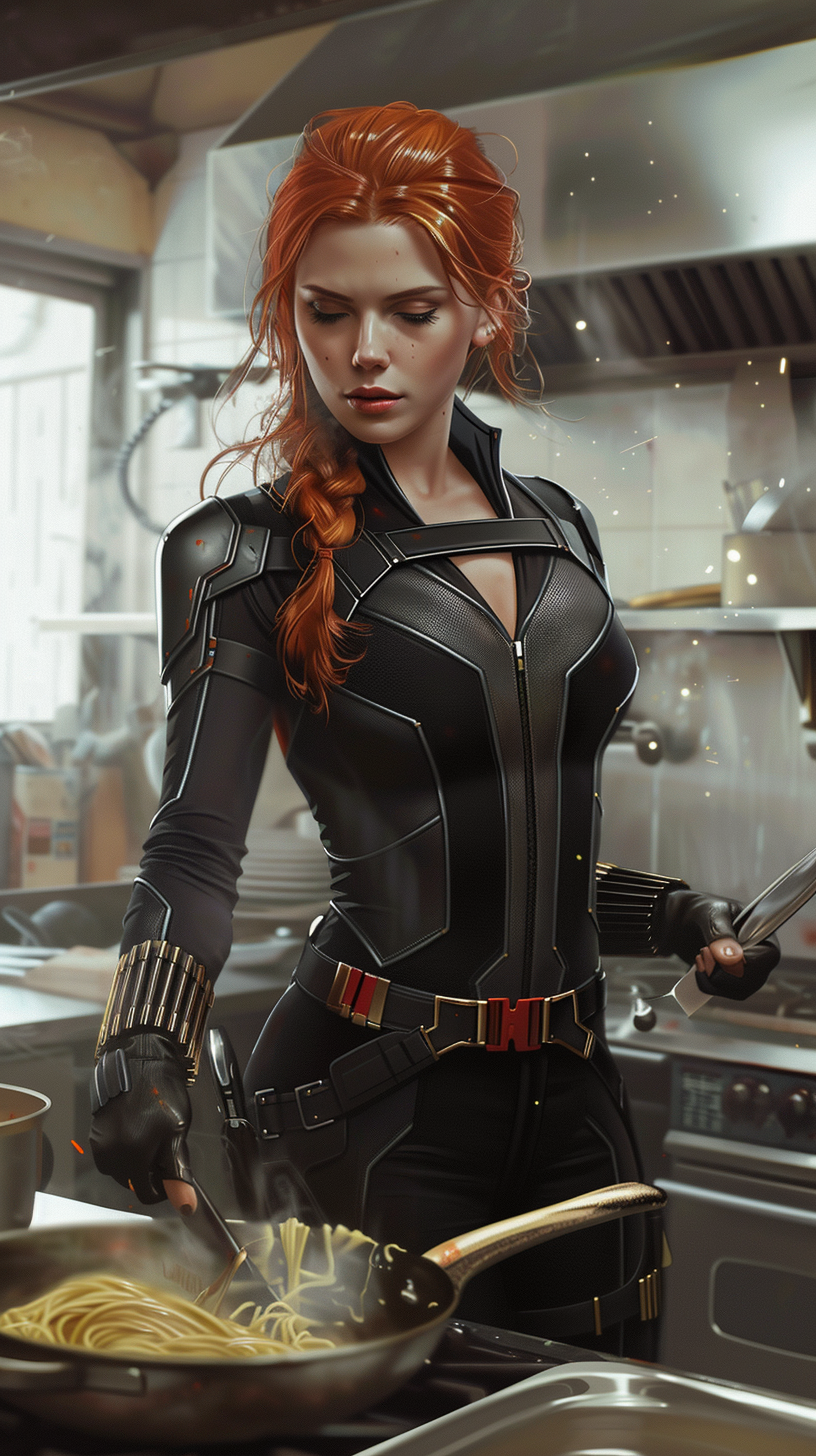 Black Widow Cooking Spaghetti in High-Tech Kitchen