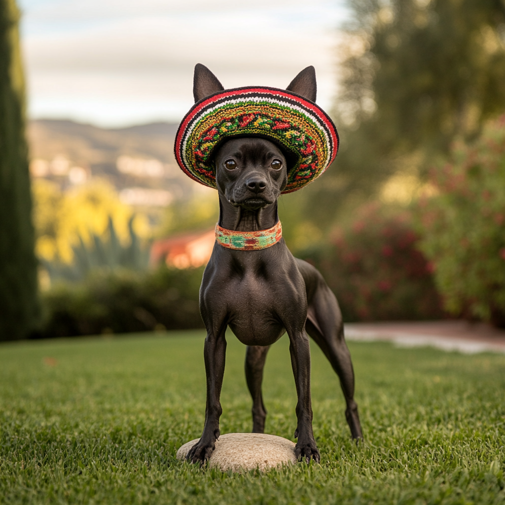 Black Xoloitzcuintli in Mexican hat on lawn with stone