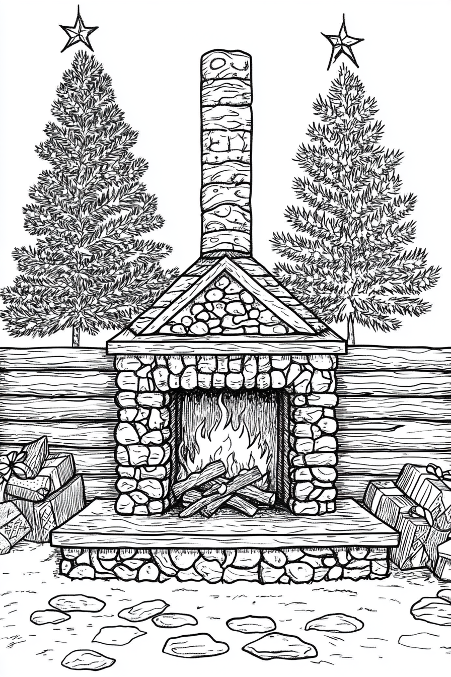 Black and White Christmas Cabin Fireplace Scene