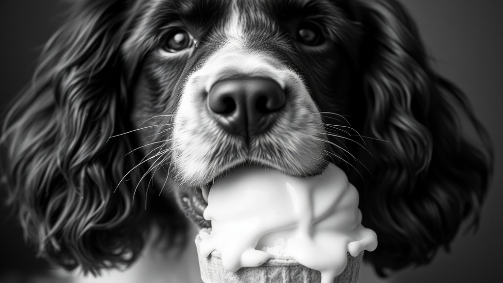 Black and White Cocker Spaniel Dog with Ice Cream