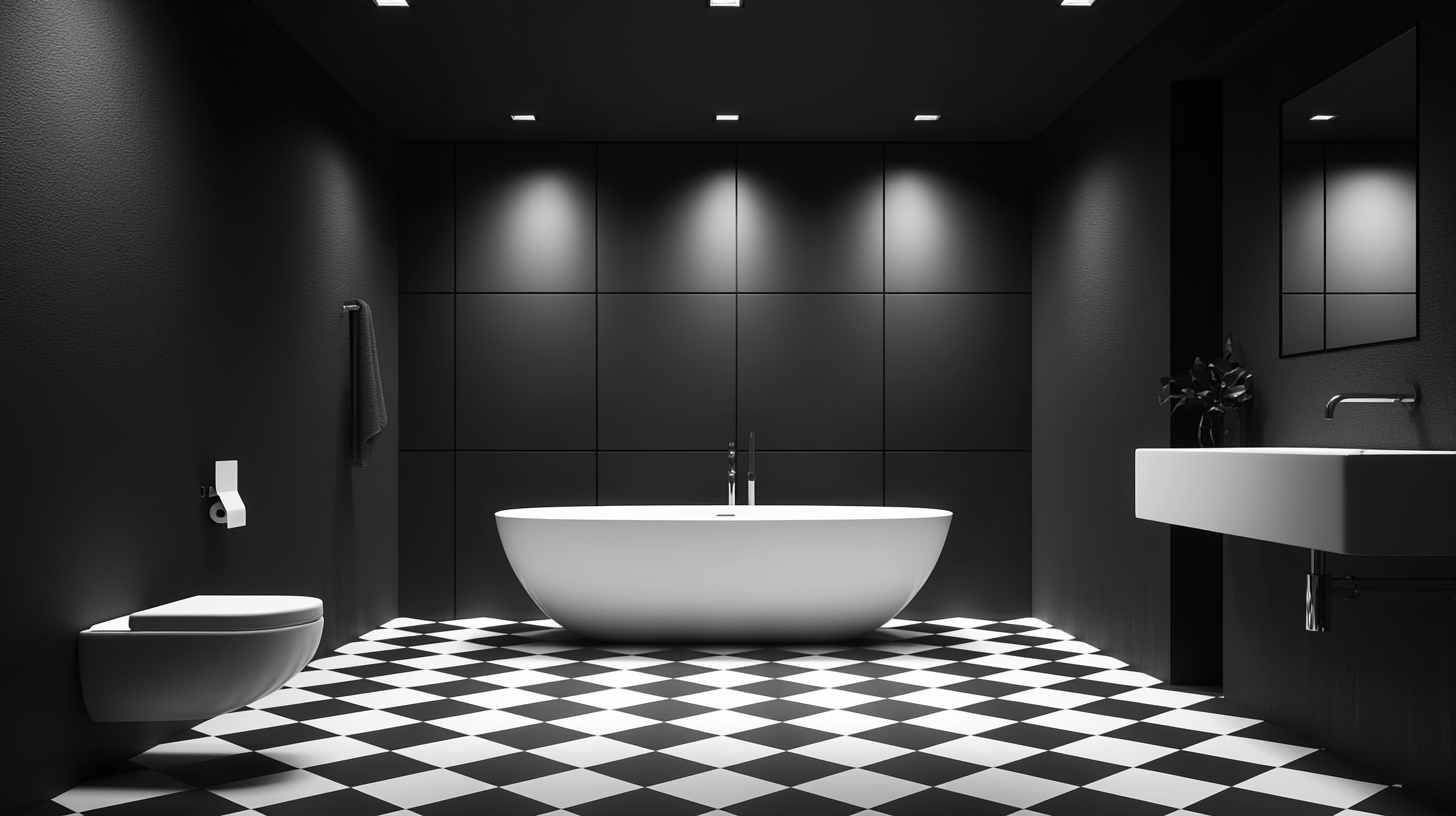 Black and White Monochrome bathroom with geometric tile design.