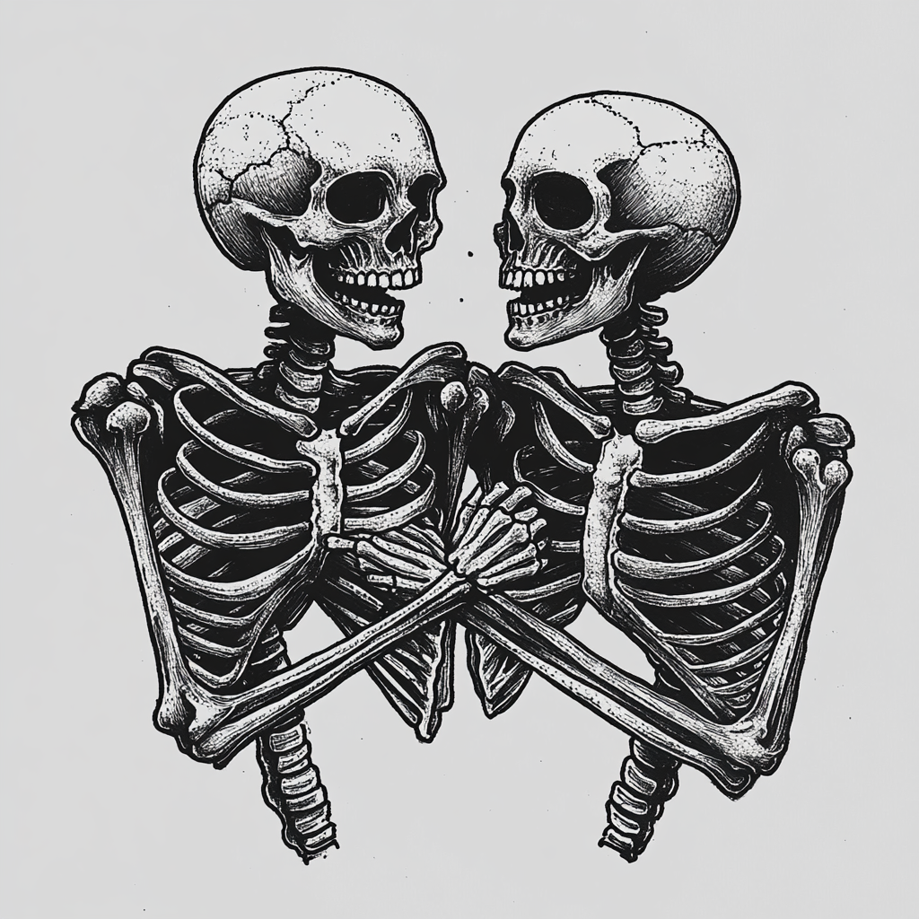 Black and grey tattoo design of intertwined skeletons in love.