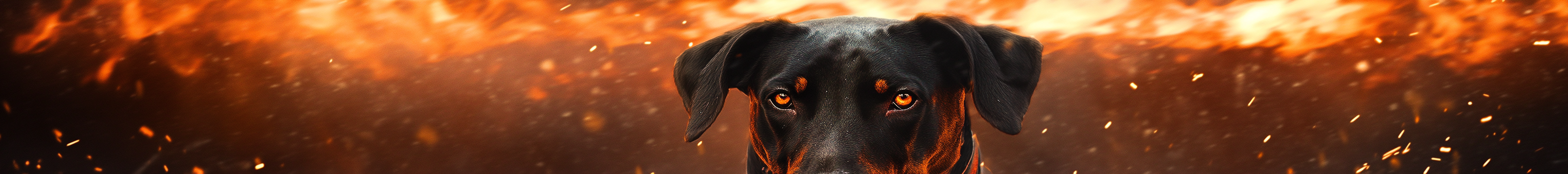 Black and red Doberman with fiery powers, glowing eyes.