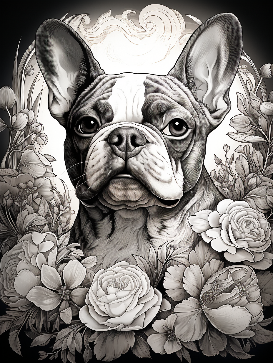 Black and white French bulldog illustration with intricate style.