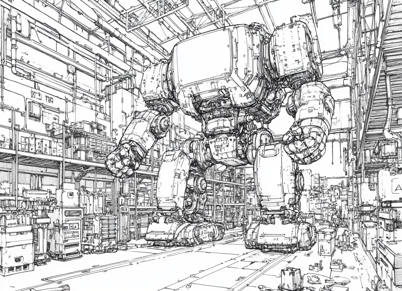 Black and white Japanese warehouse robot coloring page.