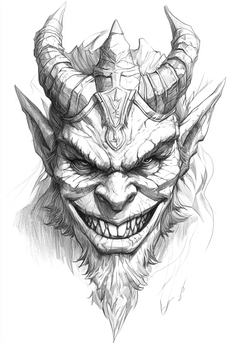 Black and white Krampus fantasy concept art portrait.