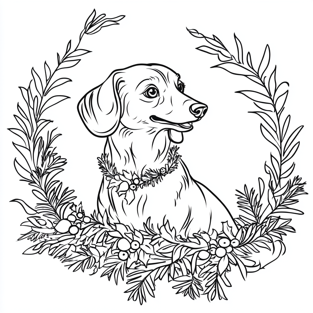 Black and white cartoon dachshund under mistletoe drawing.