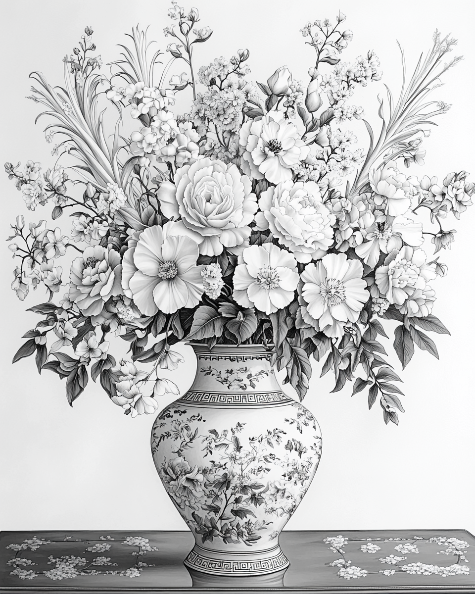 Black and white coloring page of flower arrangement