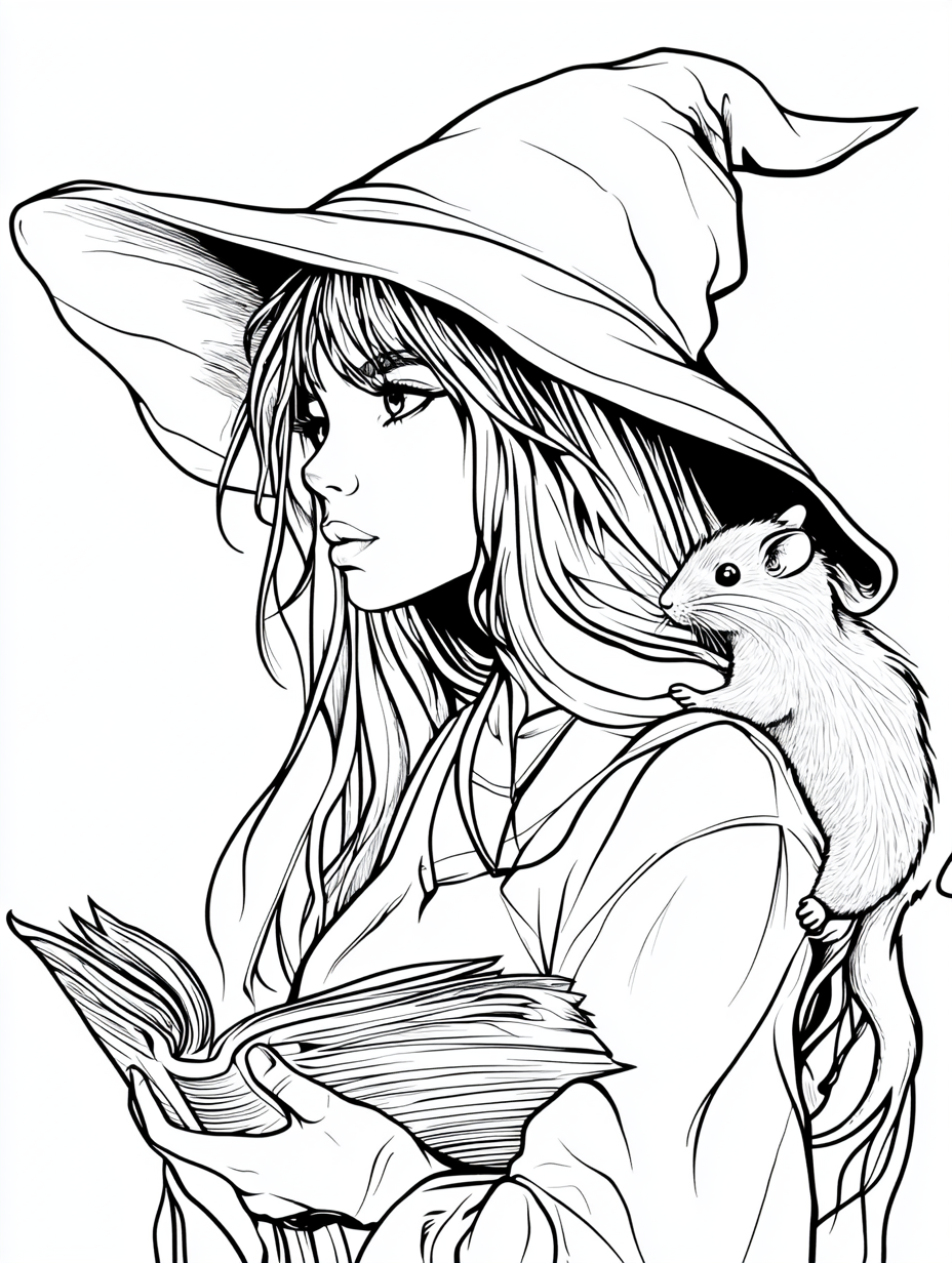 Black and white coloring page of teenage witch reading.