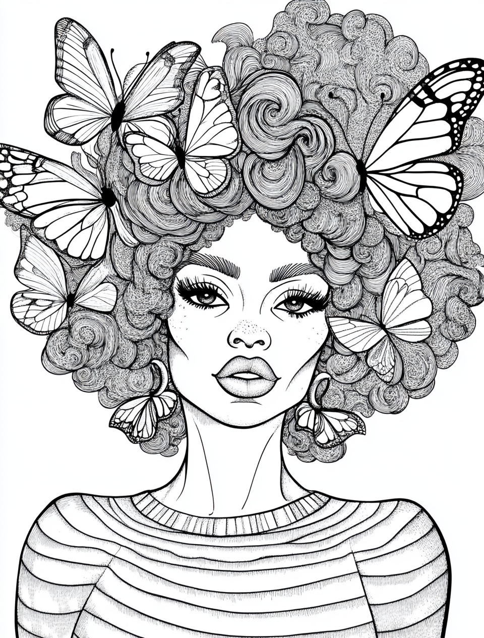 Black and white coloring page of woman with afro.