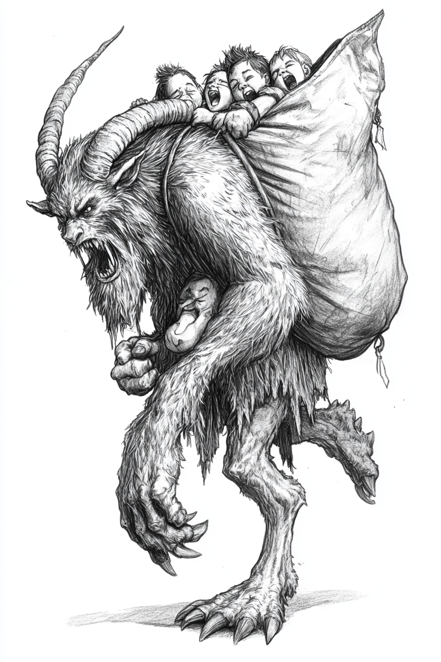 Black and white concept art of Krampus carrying children.