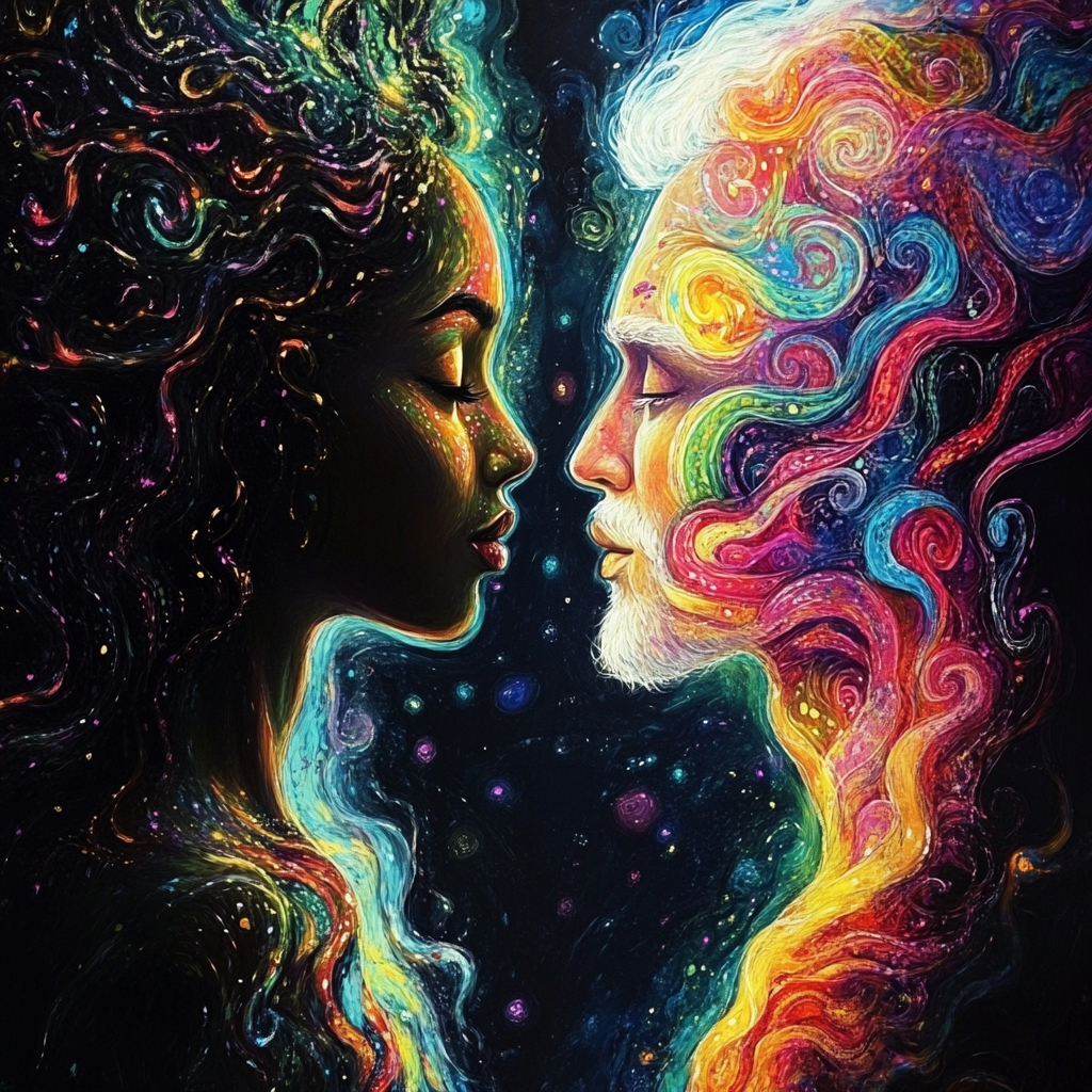 Black and white couple sharing telepathy with energy waves. 