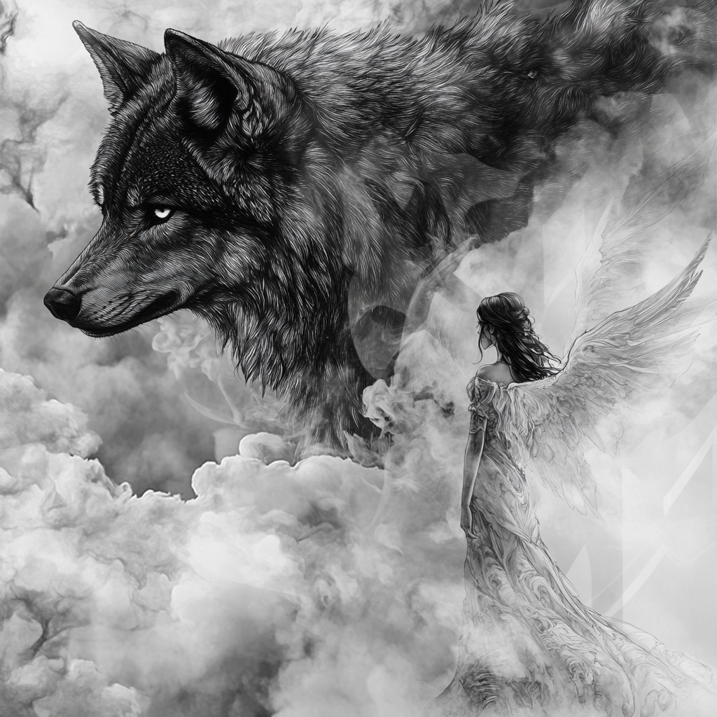 Black and white drawing, wolf and angel in smoke.