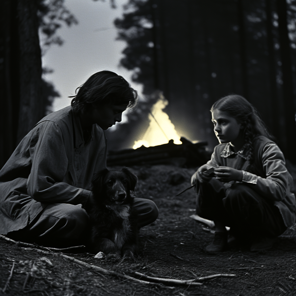 Black and white film still of forest at night.