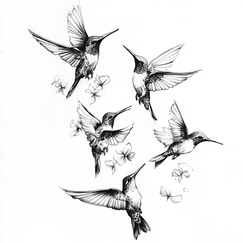 Black and white flying hummingbirds for tattoo design