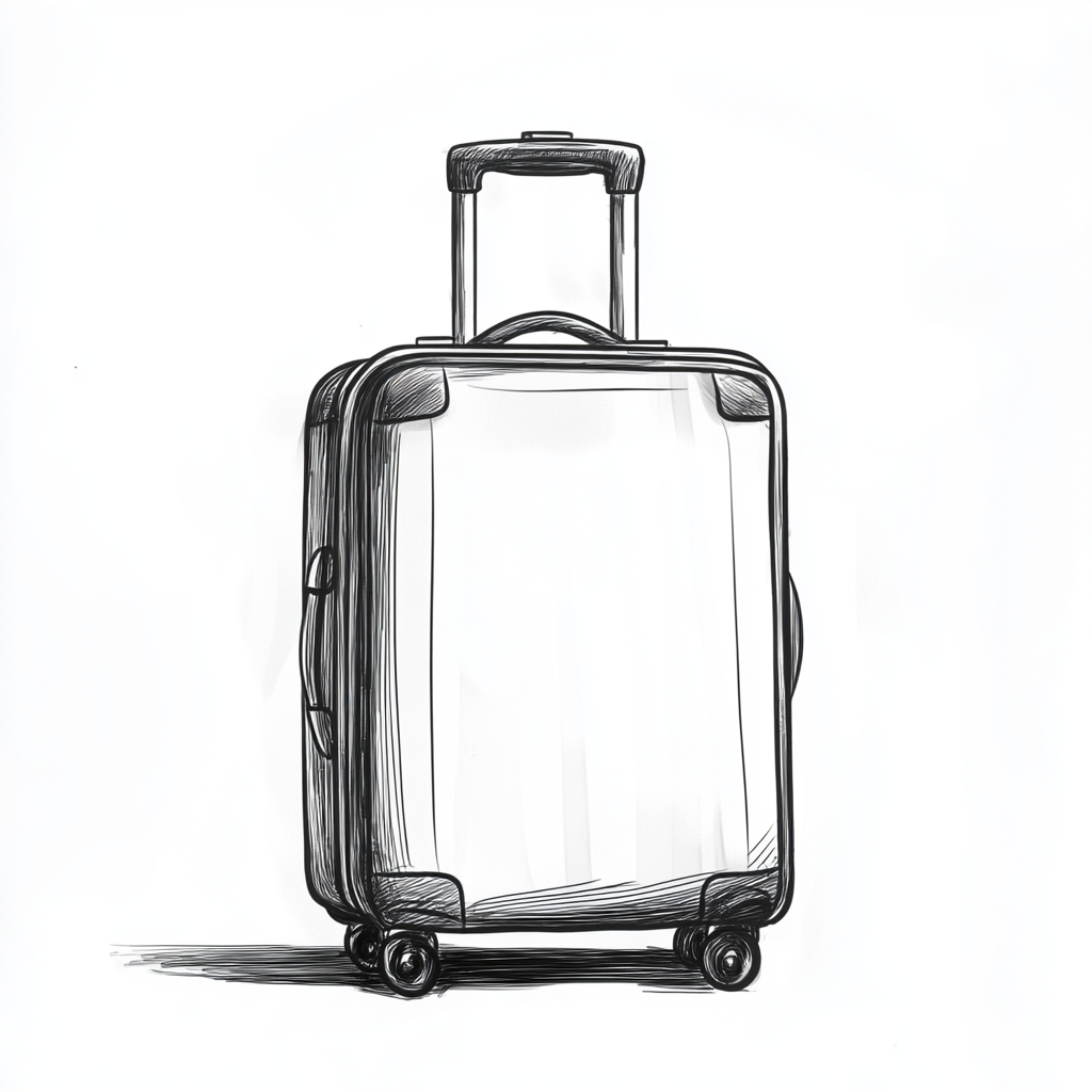 Black and white front-view sketch of minimalist suitcase.