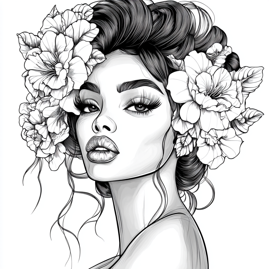 Black and white image of stylish woman with flowers.