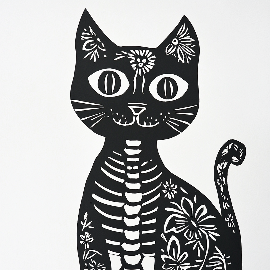 Black and white lino print of skeleton cat.