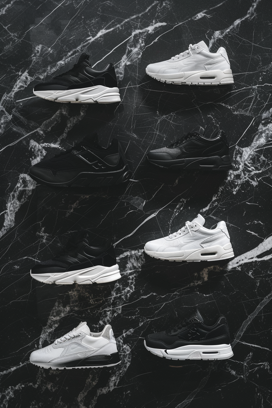 Black and white luxury athletic shoes display design studio.