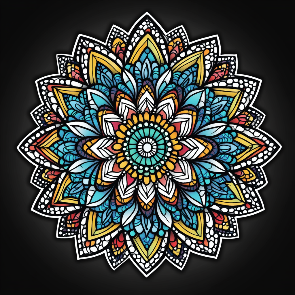 Black and white mandala now vibrant and colorful.