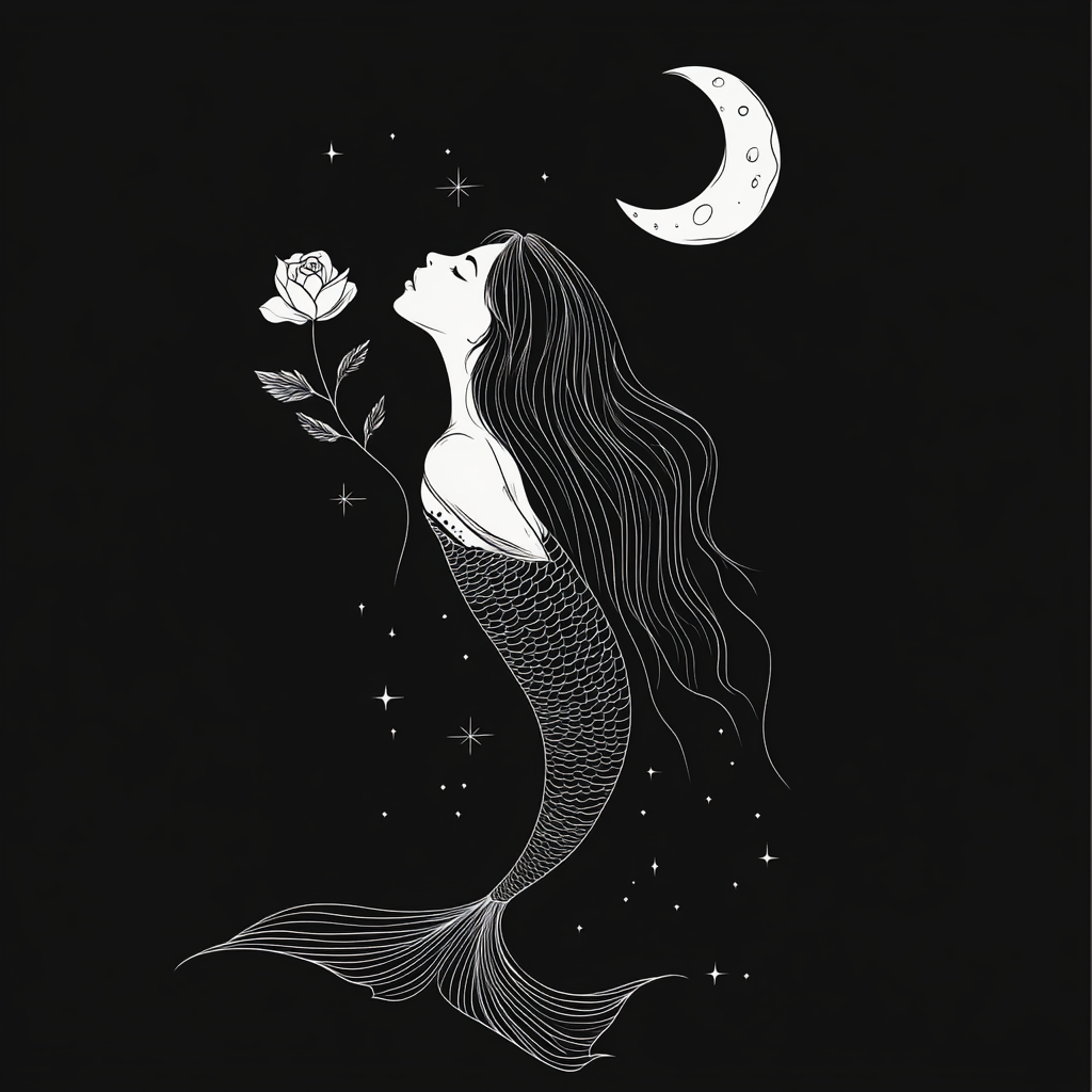 Black and white mermaid drawing with rose.