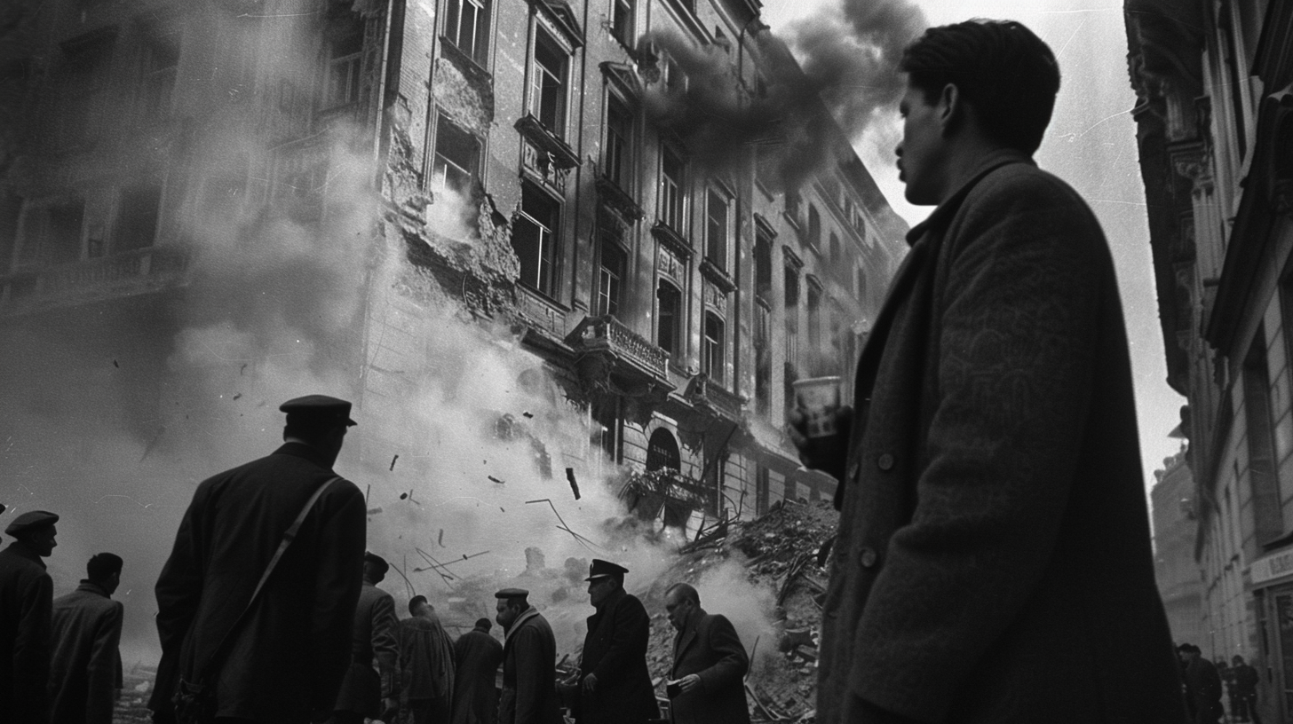 Black and white photo of Budapest 1956 revolution.