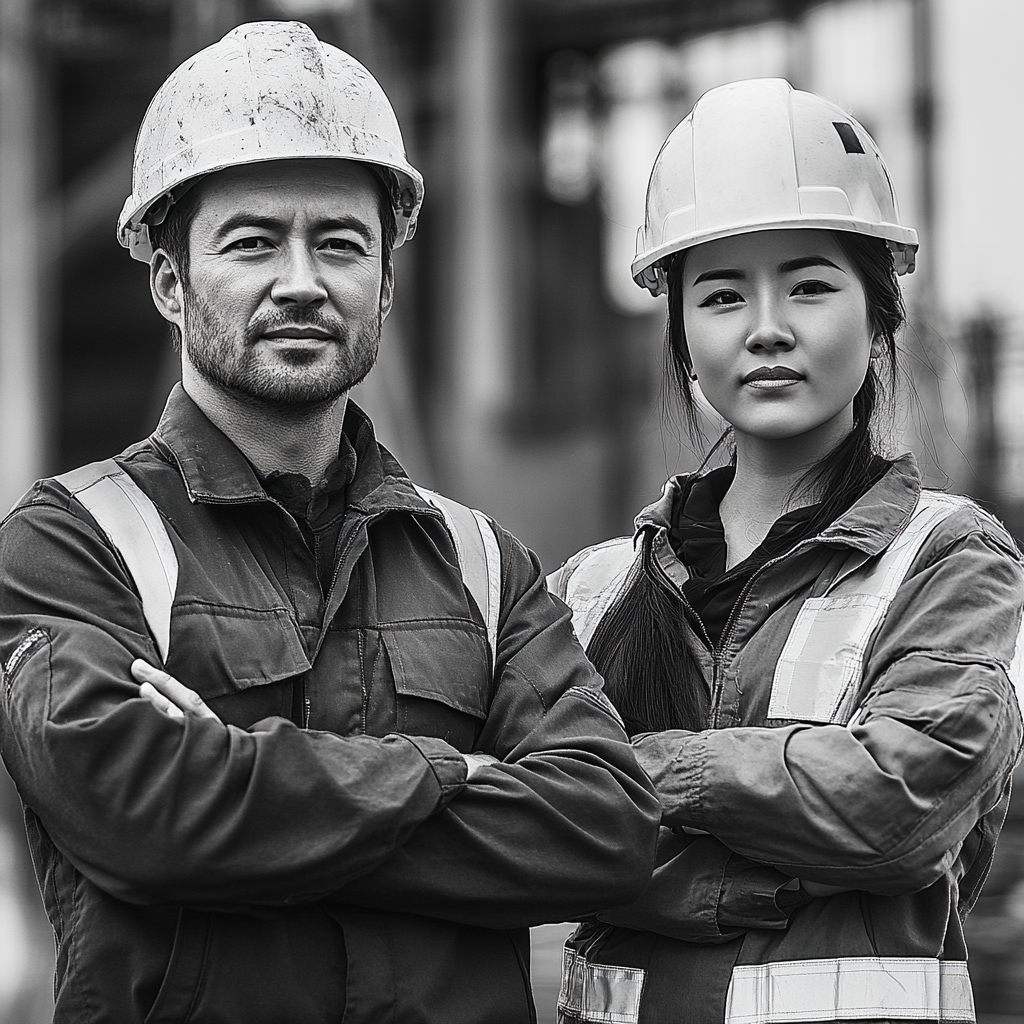 Black and white photo of multicultural construction team.