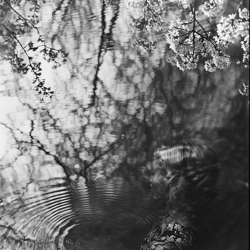 Black and white photo of pond with girl reflection