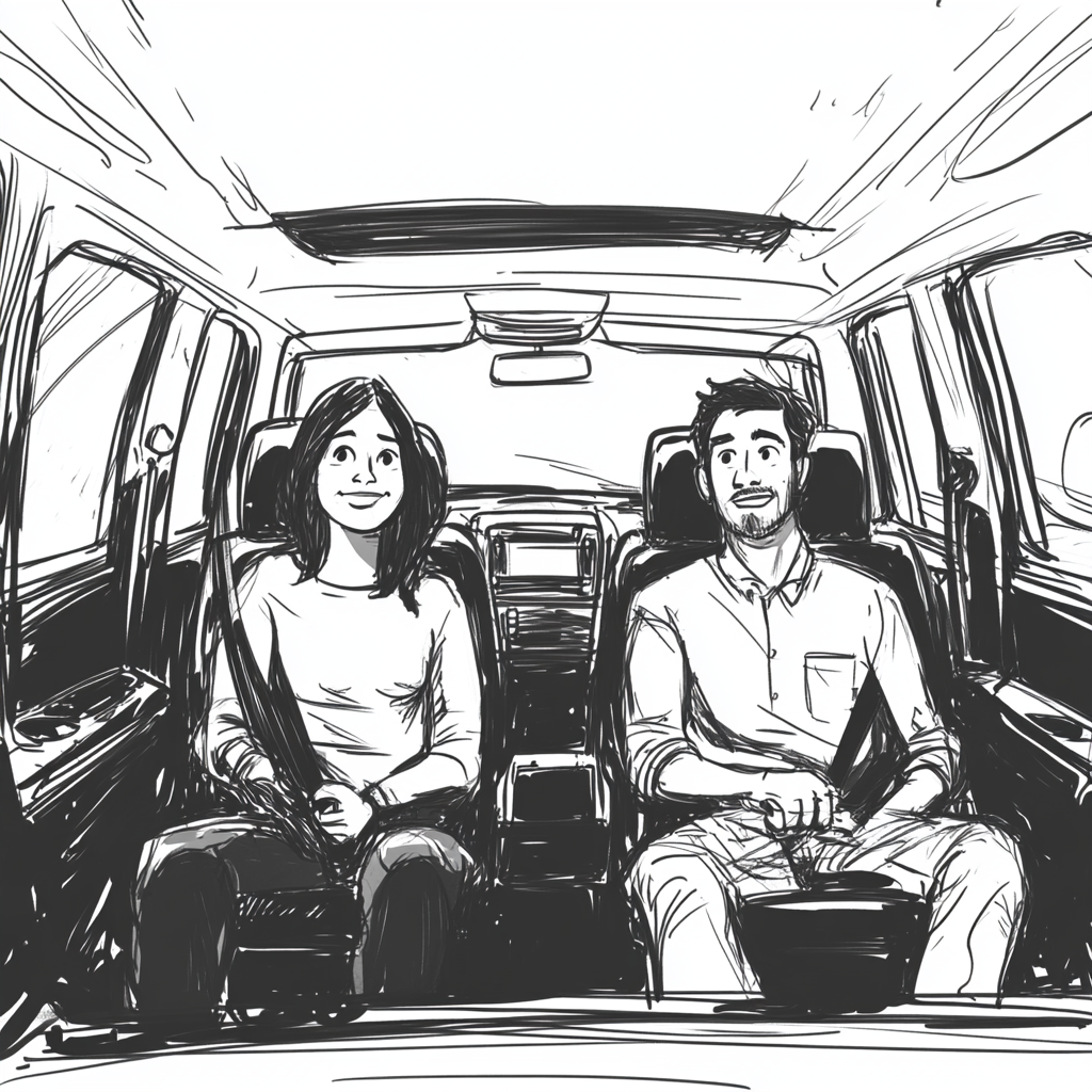 Black and white storyboard sketch of man and woman.