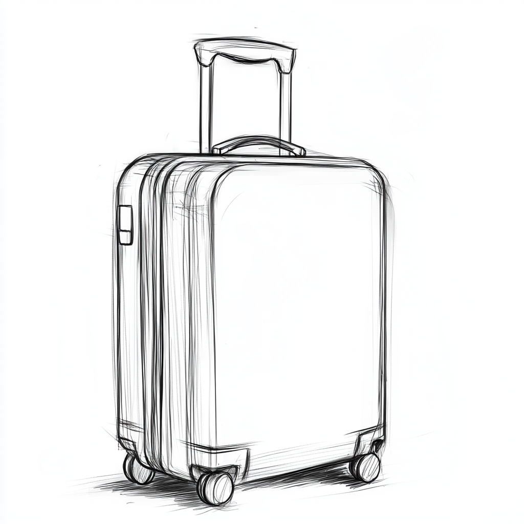 Black and white storyboard sketch of modern suitcase.