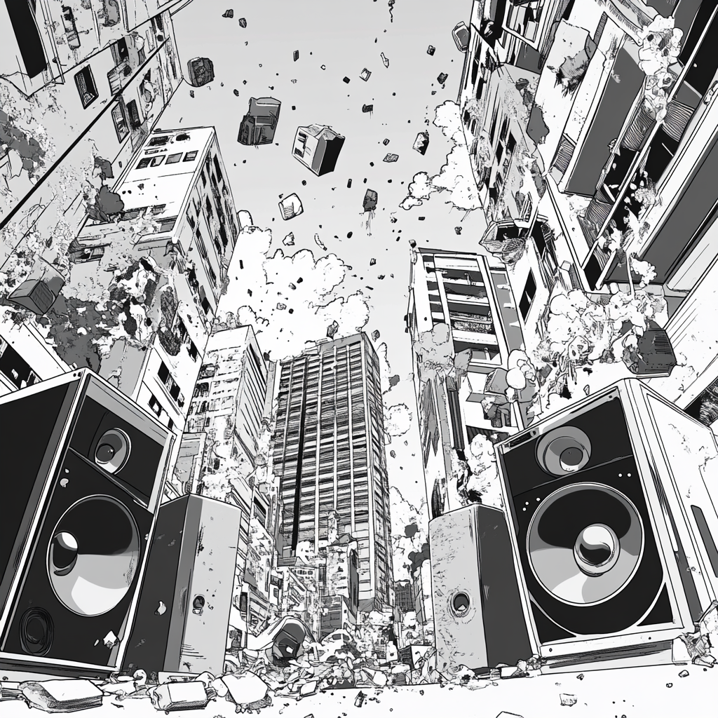 Black-and-white vectorized graffiti-style realization of queried houses with people and bass speakers