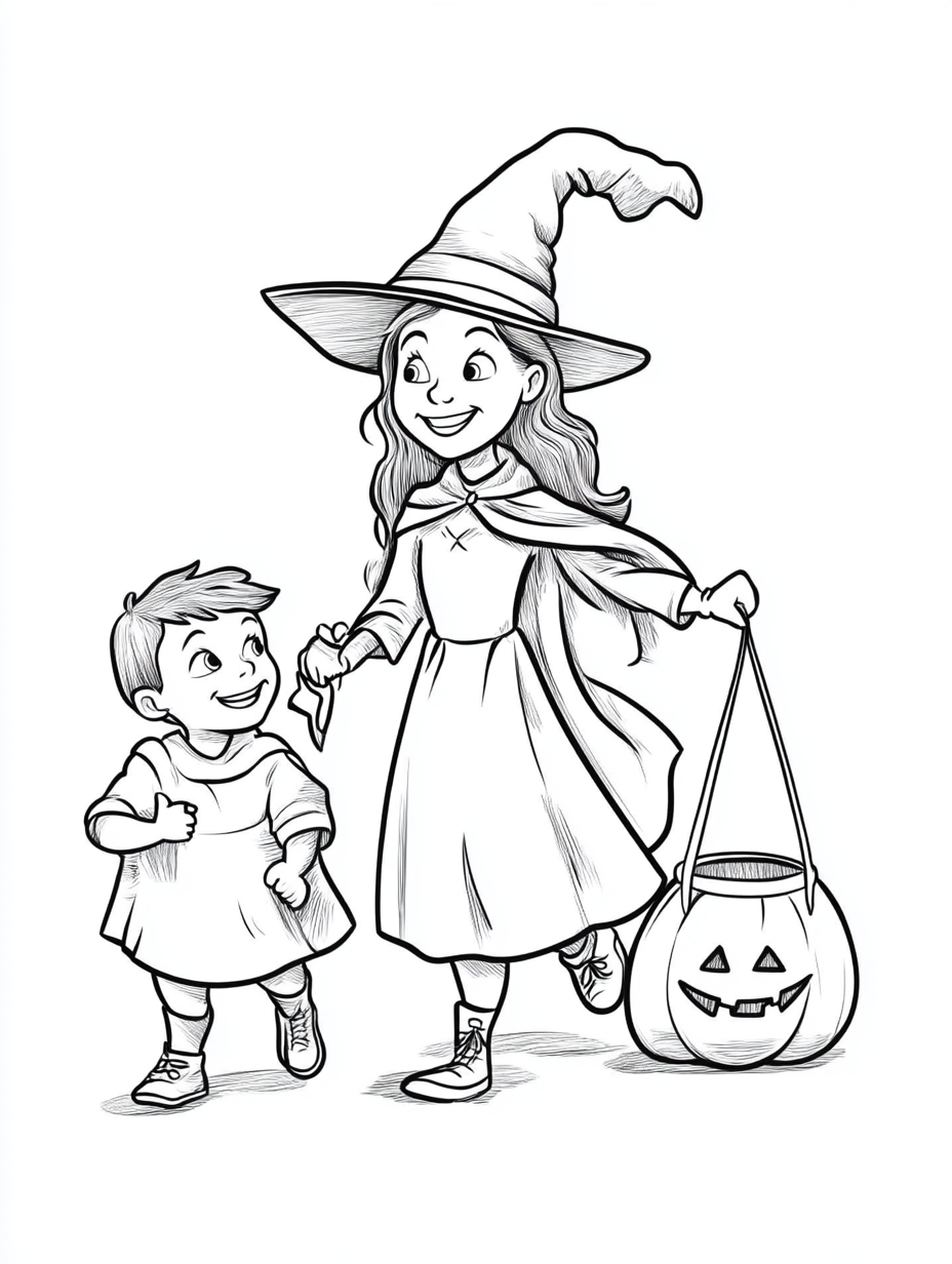 Black and white witch and children coloring page.