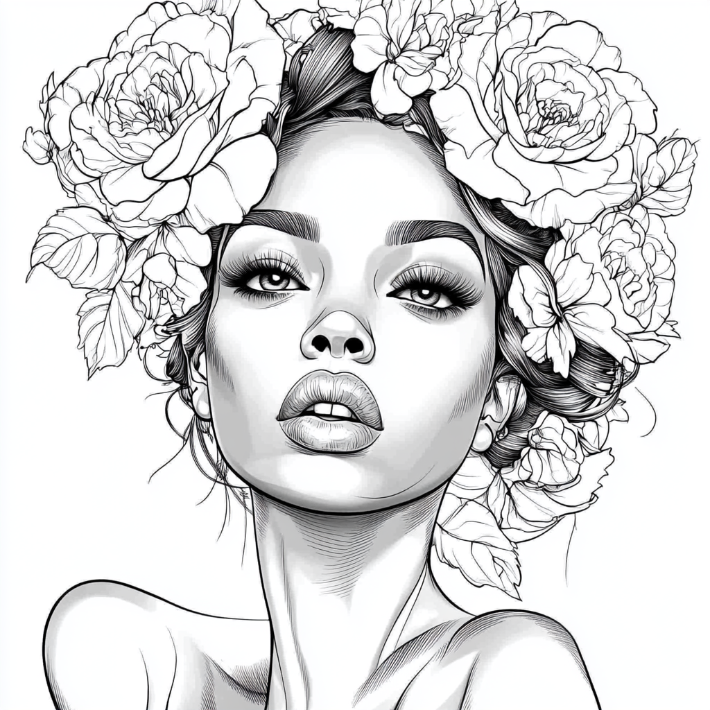 Black beautiful woman with makeup and flowers in hair.