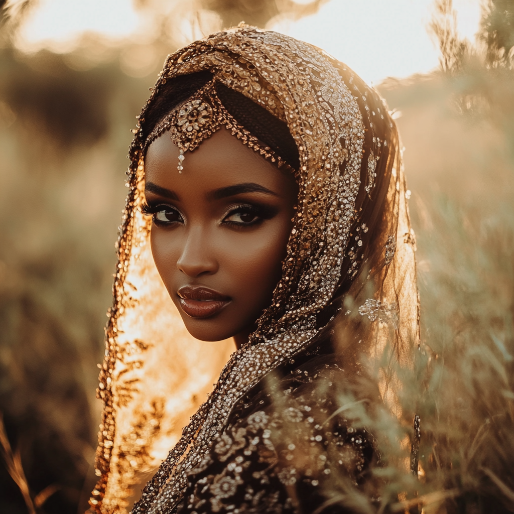 Black bride in Botswana wears brown printed dress.