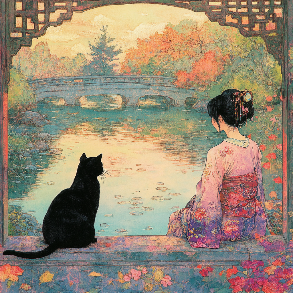 Black cat and woman in colorful hanfu by water.