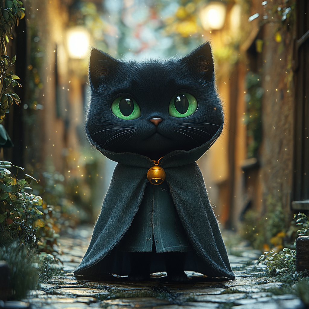 Black cat cloak moonlit alley 3D cartoon Pixar