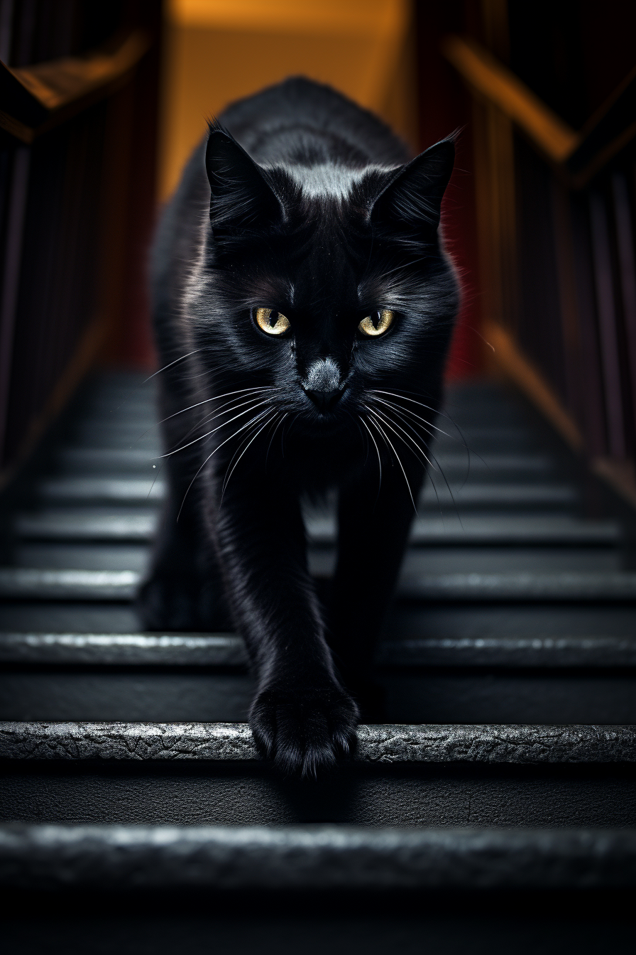 Black cat crawls down stairs with dramatic lighting.