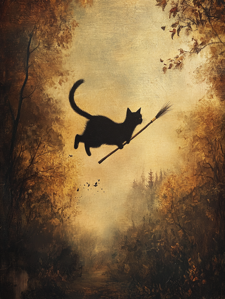 Black cat flying on broomstick in vintage painting style.