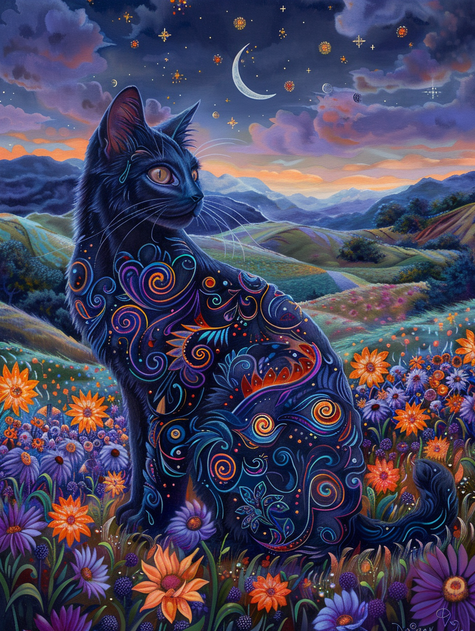 Black cat in cosmic field with glowing flowers, stars.