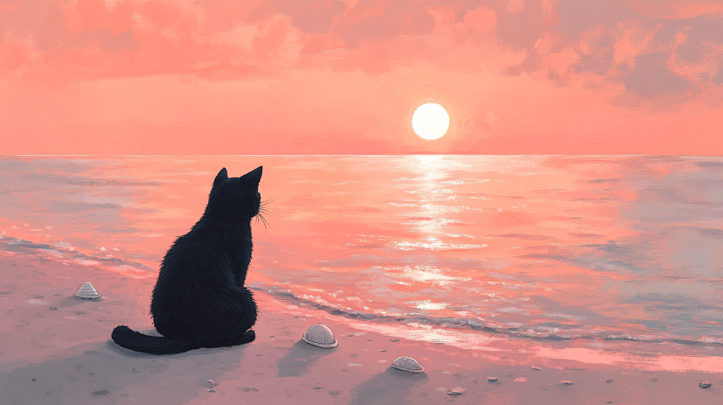 Black cat on beach at sunset, peaceful atmosphere.