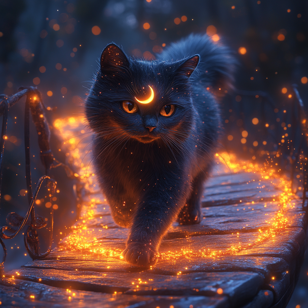 Black cat with moon on forehead walking on star bridge