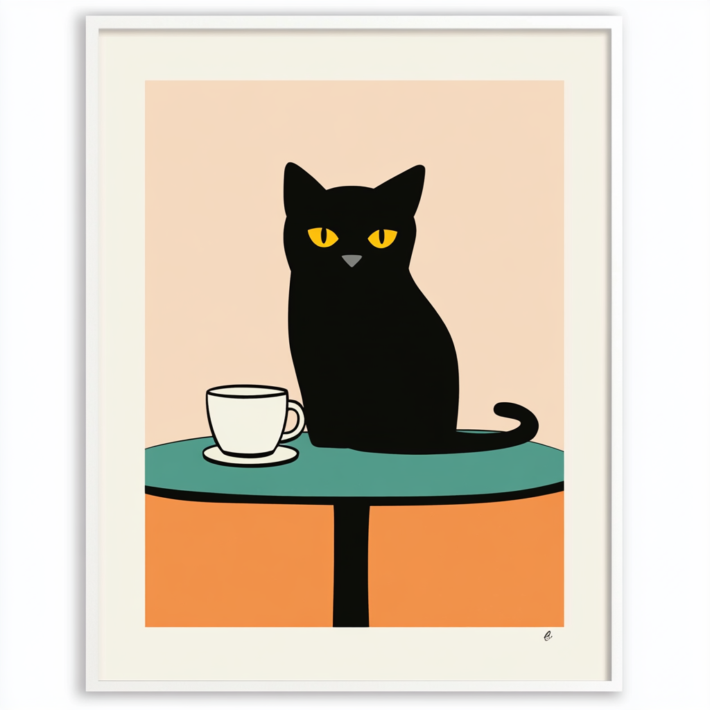 Black cat with yellow eyes in a cafe.