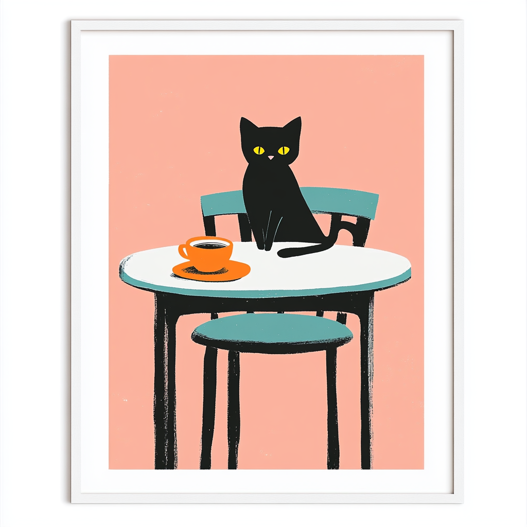 Black cat with yellow eyes in cafe setting.