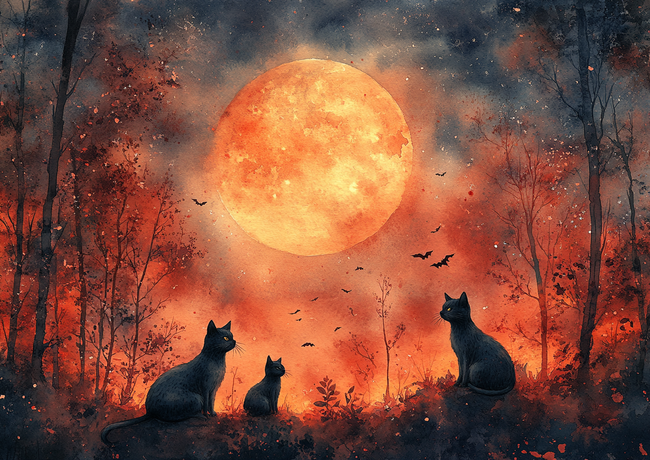 Black cats under a glowing Halloween moon painting.